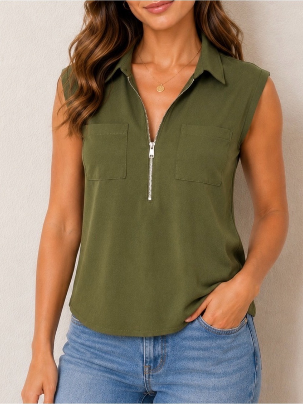 Moyabo Olive Green Sleeveless Zip-Front Women’s Top Lightweight SZ LG blouse
